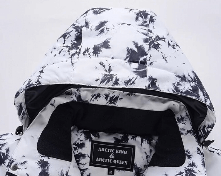 Windproof thickened women's ski jacket with hood SF1763, white and black pattern, waterproof and breathable winter coat.